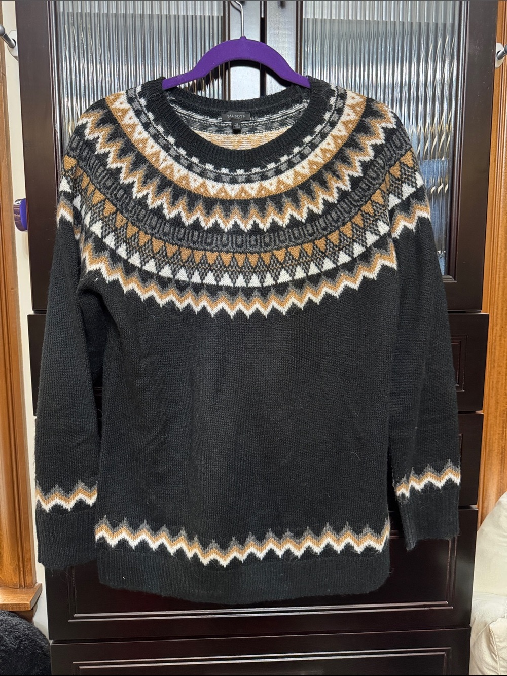 Talbots Black Crewneck Sweater with Gold and Cream Fair Isle Yoke